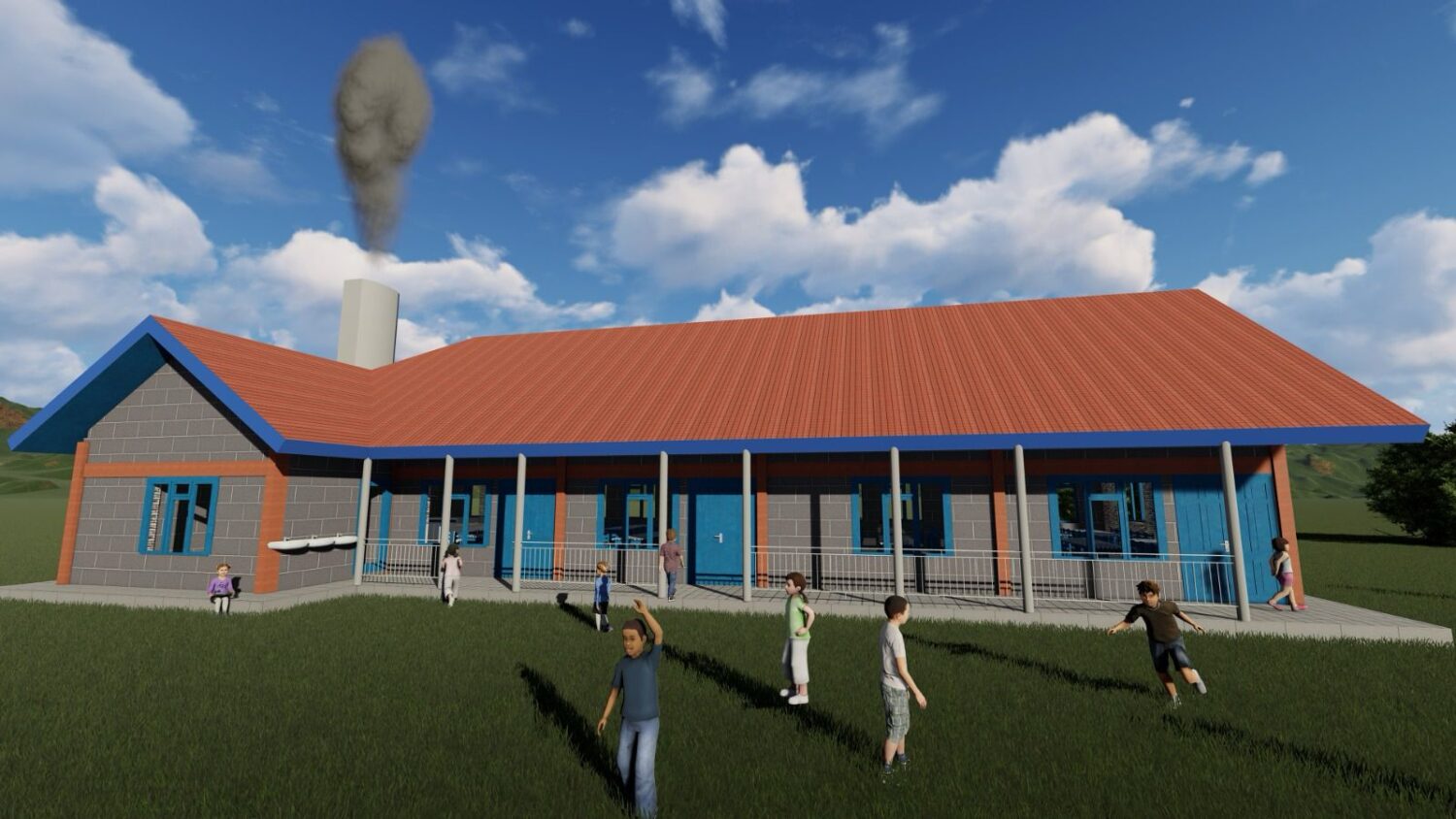 a group of kids outside the 3D building plan