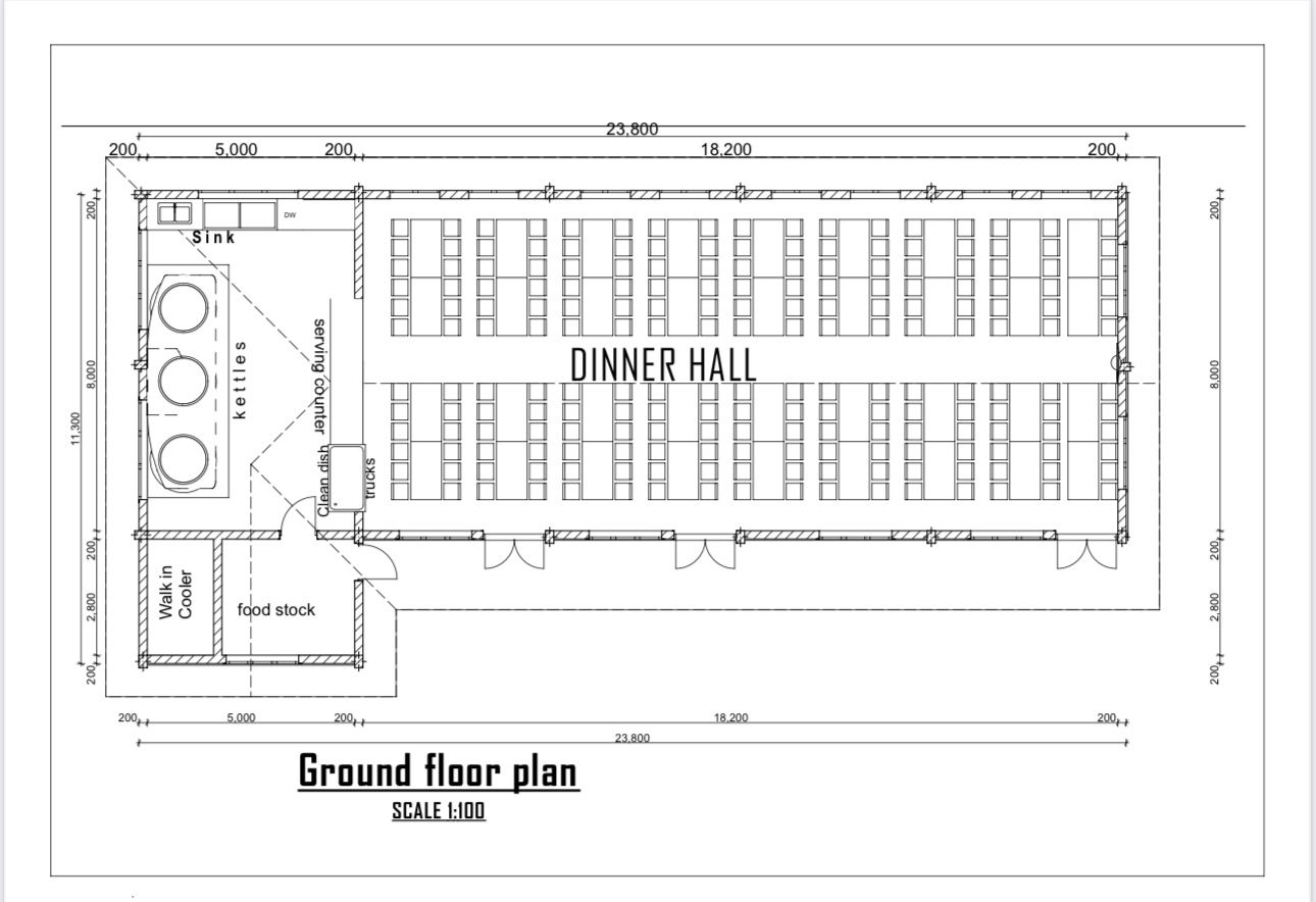 a floor plan of proposed dining and kitchen building 